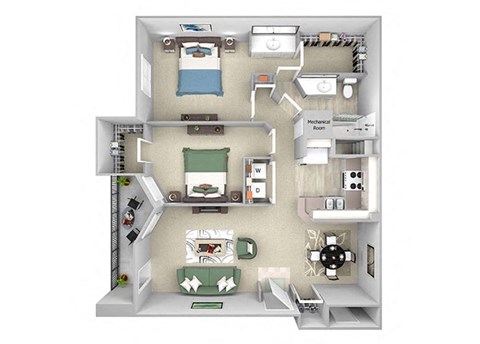 Versant Place Apartments B1 Bougainvillea 3D floor plan 2 bed 1 bath